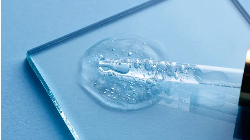 Tekstur inovasi ingredient skincare dalam bentuk serum transparan dengan pipet, ditampilkan di atas kaca bening untuk mencerminkan kemurnian dan efektivitas bahan.