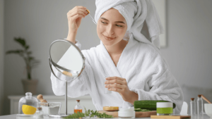 perempuan yang lagi memakai skincare halal untuk ramadan kulit kering jadi terhidrasi, glowing dan lembab