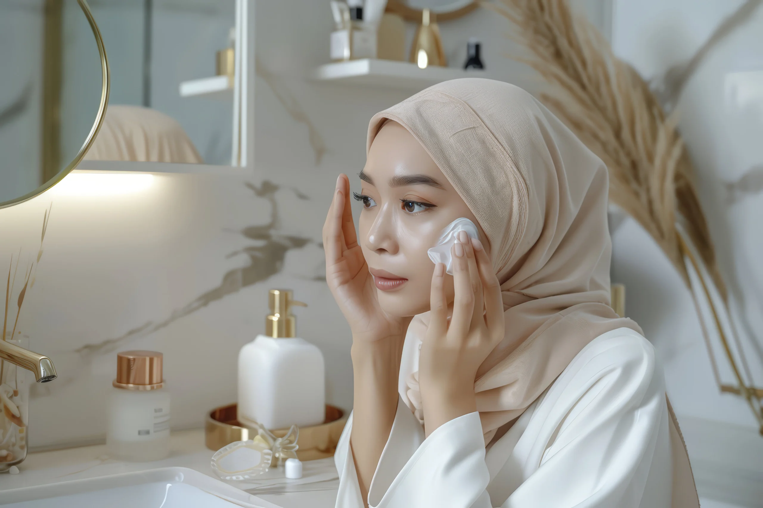 hijab muslim lagi pakai skincare halal untuk ramadan persiapan puasa,kulit lembab terhidrasi dan glowing tidak kulit kering