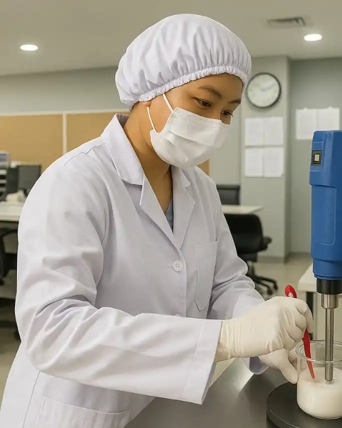 cosmetic laboratory technician mixing cream formulation for skincare production in BPOM-certified facility Indonesia